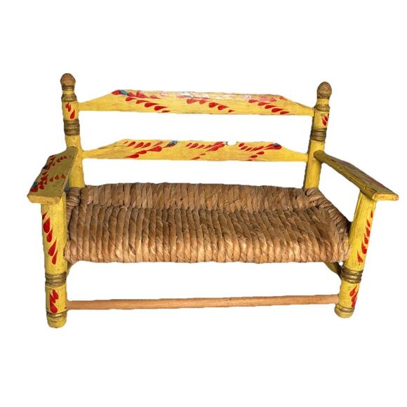 Vintage Wooden with Wicker Rattan Seat Doll Bench Love Seat Handmade - Picture 1 of 16